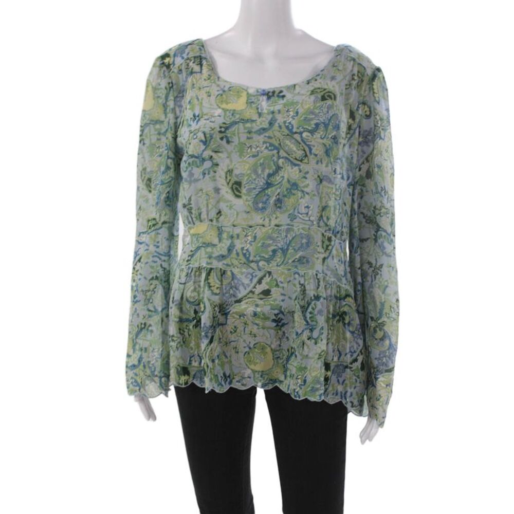 Indigo Palms Women Silk Paisley Tunic Blouse Multicolor Long Sleeve Size L